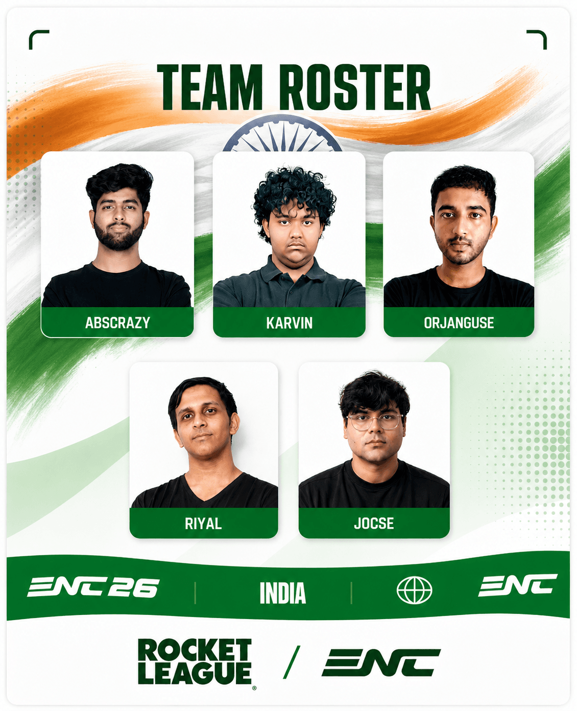 🇮🇳 India’s Rocket League Squad for ENC26 Revealed – ABSCRAZY, KARVIN, ORJANGUSE, RIYAL & JOCSE