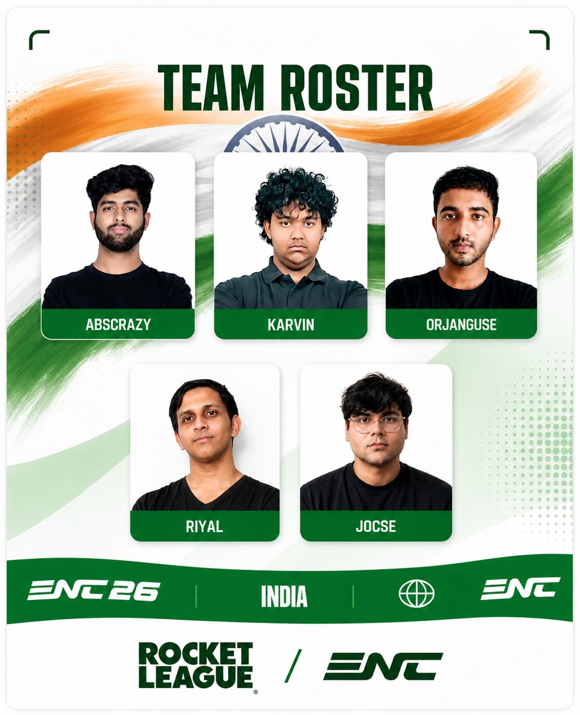 🇮🇳 India’s Rocket League Squad for ENC26 Revealed – ABSCRAZY, KARVIN, ORJANGUSE, RIYAL & JOCSE